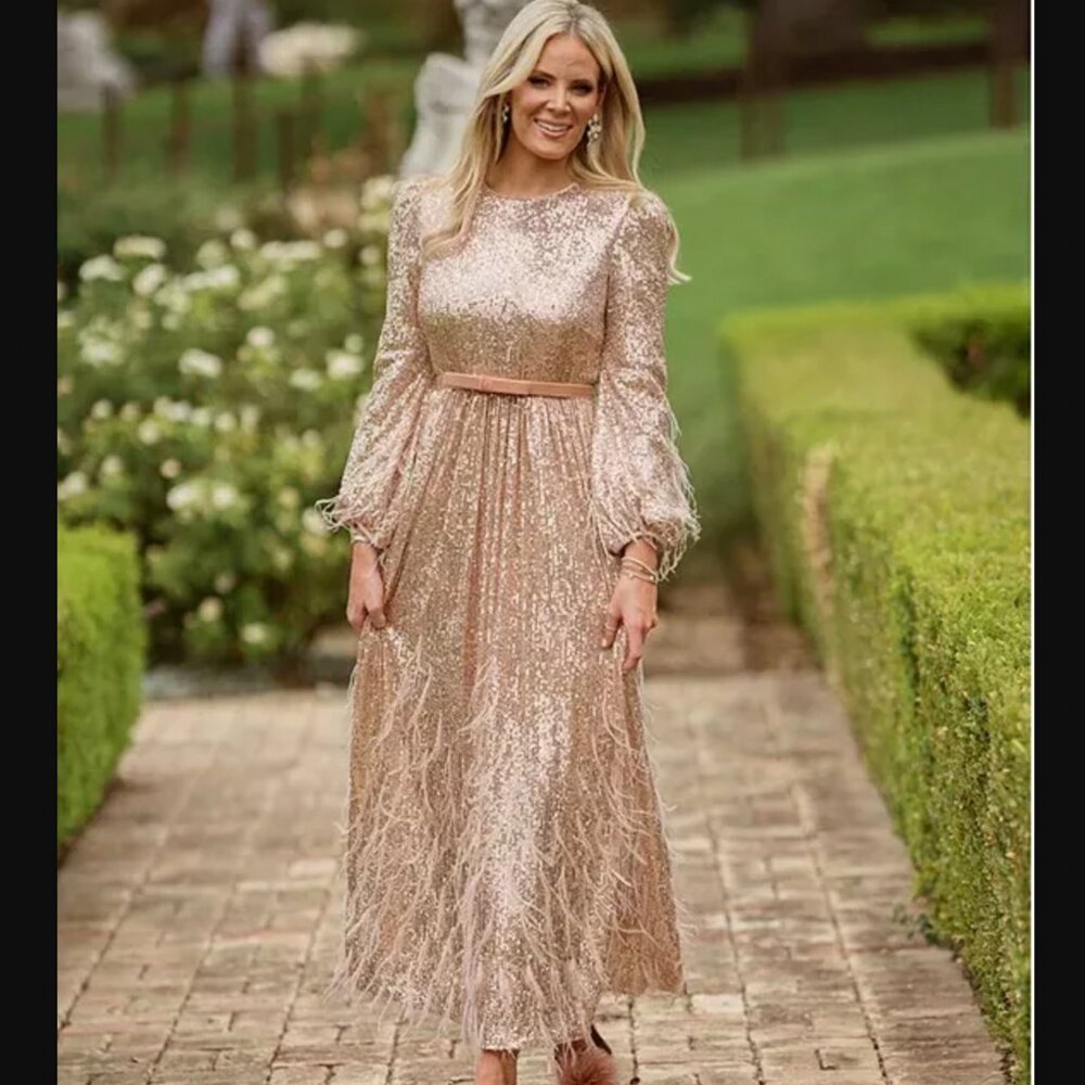 Antonio Melani x Nicola Bathie Nicola Sequin Long Sleeve Feathered A-Line Dress